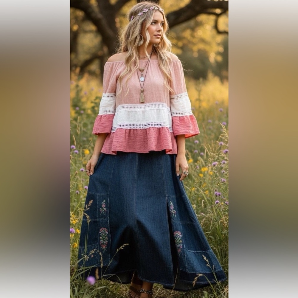 Kactus L babydoll bell sleeve blouse tiered flowy crochet lace cottagecore boho